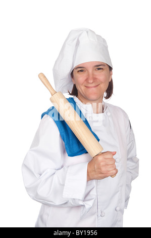 Tragen des Küchenchefs weißen Frau Koch hält ein Nudelholz. Isoliert auf weiss für Designer Komfort. Stockfoto