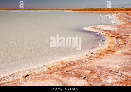 Salz verkrusteten bunten Ufer, Salz funktioniert, Onslow, Pilbara, Western Australia Stockfoto