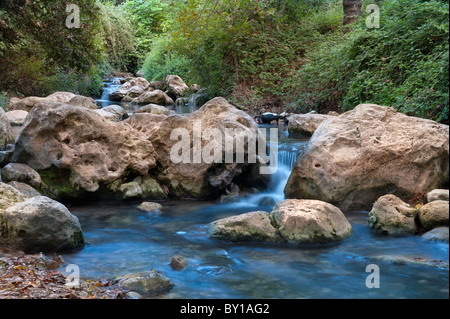 Stream mit Felsen in Bewegung Unschärfe am Kziv-Fluss im nördlichen Israel Galilee Stockfoto