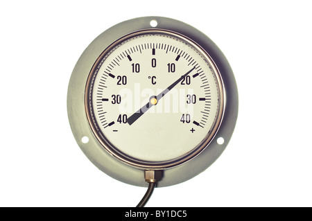Silber und weiß, rund, industrieller Grad celsius-Thermometer isoliert auf weißem Hintergrund Stockfoto