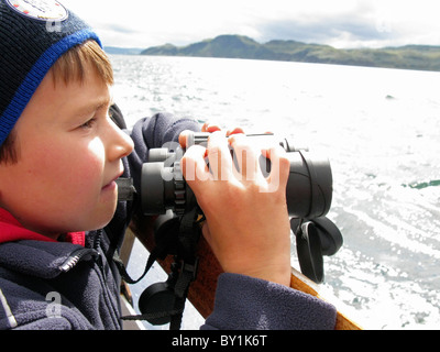 Schottland, Isle of Mull. Junge mit dem Fernglas auf einer Walbeobachtung Reise im Sound of Mull. (MR) Stockfoto