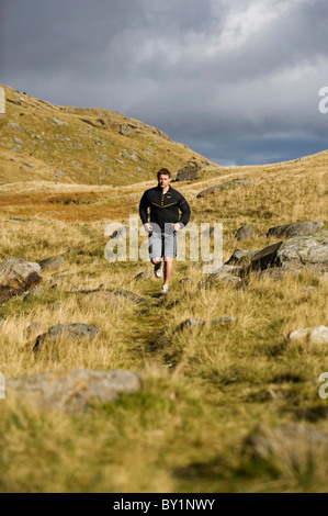 North Wales, Snowdonia.  Mann läuft an den Flanken des Mount Snowdon. (MR) Stockfoto