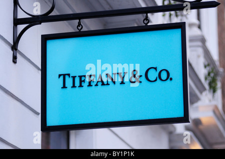 Tiffany & Co Jewellers Zeichen, Albemarle Street, Mayfair, London, England, UK Stockfoto