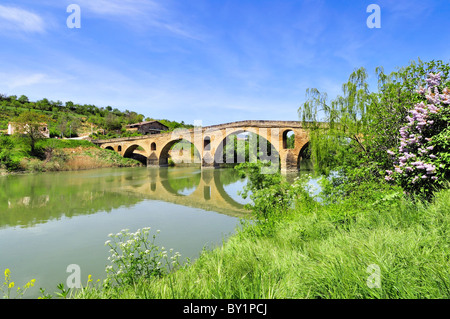 Brücke der Königin über den Fluss Arga - Puente la Reina (Gares), Navarra, Spanien. Teil des Way of St. James Stockfoto