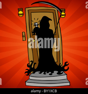 Ein Bild von der Sensenmann, klopfen an der Tür des Todes darstellt. Stockfoto