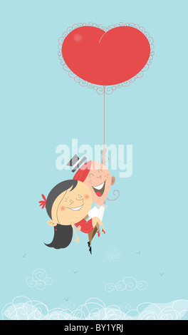Ein Valentinstag romantische Retro-Bild von Mann und Frau fliegen in den Himmel gehen ins Paradies mit einem Heißluftballon Herz Stockfoto