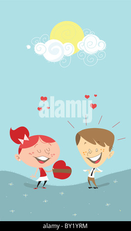Ein Valentinstag romantische Abbildung eines Mädchens Geschenke Herzen, ein Junge, oder eine Frau zu einem Mann. Man ist überrascht, in der Liebe Stockfoto