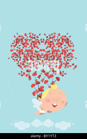 Niedliche fliegende Amor, seine Rückseite Herzen Pfeile in den Himmel zu verlieren, die sich bilden ein Herz. Ideal für Valentinstag-Karte Stockfoto