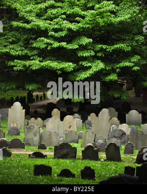 Granary Burying Ground, Boston, Massachusetts. Ruhestätte für Samuel Adams und John Hancock, Paul Revere. Stockfoto