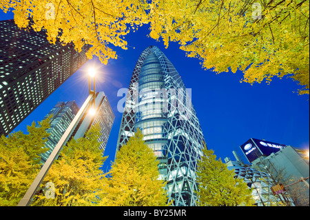 Asien, Japan, Tokio, Shinjuku, Tokyo Mode Gakuen Cocoon Tower Design Schulgebäude, gelbe Ginkgo-Blätter Stockfoto