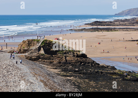 Bude Wellenbrecher und Summerleaze Beach, Bude, Cornwall, England Stockfoto