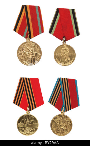 Sowjetische militärische Gedenkmedaillen, isoliert auf weißem Hintergrund Stockfoto