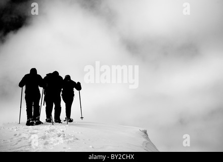 Eine Gruppe aus Schneeschuhwandern an einem bewölkten Tag. Stockfoto