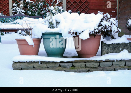 Pflanzentöpfe schneebedeckt im Garten Stockfoto