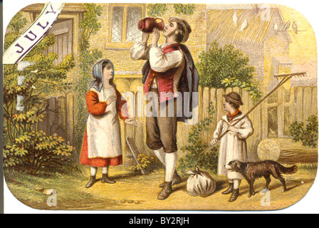 Chromolithographed Bild von Vater und Kinder genießen eine Pause von Ernte ca. 1855 Stockfoto