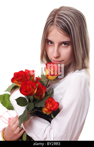 Junge Frau mit einem Strauß Rosen Stockfoto