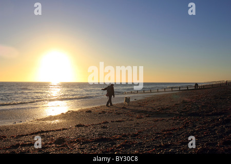 Mann zu Fuß einen Hund bei Sonnenuntergang am Strand von Worthing, West Sussex, England UK. Stockfoto