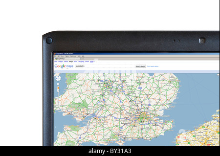 Durchführen einer Suche von Google Maps auf einen Laptop-Computer, UK Stockfoto