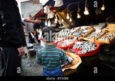 ISTANBUL, Türkei — Ein kleiner Junge beobachtet den frischen Fisch, der auf dem Karakoy Fischmarkt in der Nähe der Galata-Brücke in Istanbul ausgestellt wird. Der traditionelle Markt, der lokal als Balik Pazari bekannt ist, dient als wichtigstes Handelszentrum für Meeresfrüchte, wo einheimische Familien frische Fänge aus dem Bosporus und dem Schwarzen Meer kaufen. Stockfoto