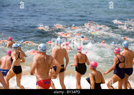 Ocean Swim Race, Avalon Beach Sydney Australia Schwimmer und Schwimmerinnen betreten die Brandung, um an dem jährlichen Ocean Swim Race 2009 teilzunehmen.Australien Stockfoto