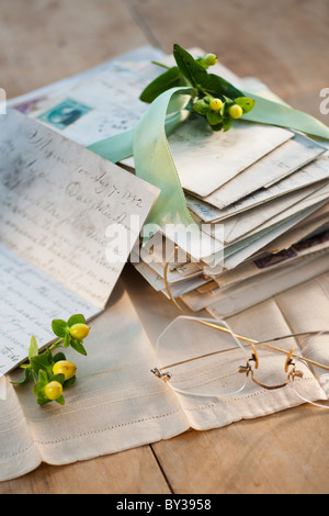 Blumen auf Stapel von Briefen Stockfoto