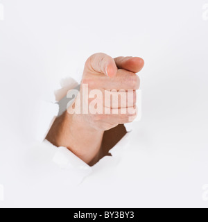 Hand auf weißem Hintergrund zeigen Stockfoto