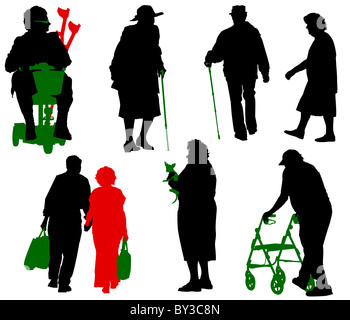 Silhouette von alten und behinderten Menschen. Stockfoto