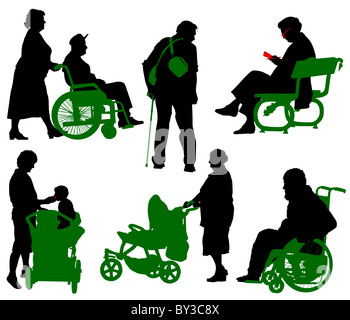 Silhouette von alten und behinderten Menschen. Stockfoto