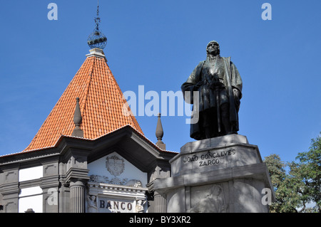 Madeira, Portugal, Stadt, Funchal, Buchforst, Denkmal, Joao Goncalves Zarco, Banco de Portugal-Madeira, Portugal, Stadt, Funchal Stockfoto