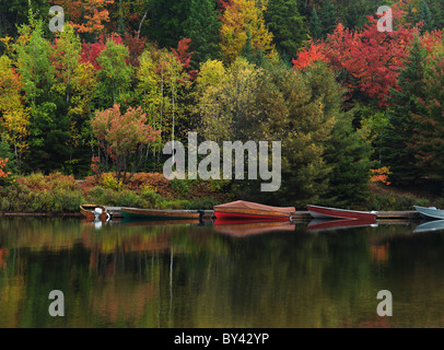 Angedockten Schiffe am Canoe Lake. Herbst Natur Landschaft. Algonquin Provincial Park, Ontario, Kanada. Stockfoto