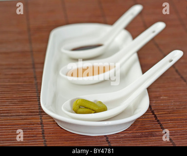 Löffel mit japanischen Gewürzen weiß (Wasabi, Reisessig, Soja) Stockfoto