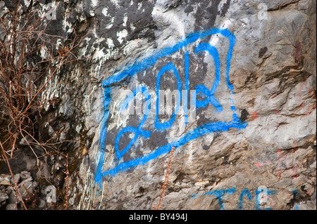 High School senior-Klasse Graffiti auf dem Felsen neben Sägewerk Creek Road in Sitka, Alaska gefunden. Stockfoto