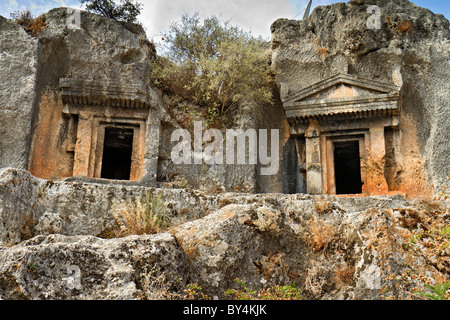 Türkei Fethiye Nahaufnahme von Felsengräbern Stockfoto