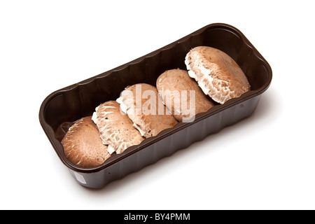 Box mit Portobello Pilze isoliert auf einem weißen Studio-Hintergrund. Stockfoto