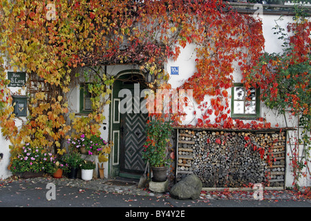 Deutschland Bayern Oberammergau bemalte Fassade mit Fenster und Fensterläden Luftmaileri Architektur Detail Feuer Holz Herbst Stockfoto