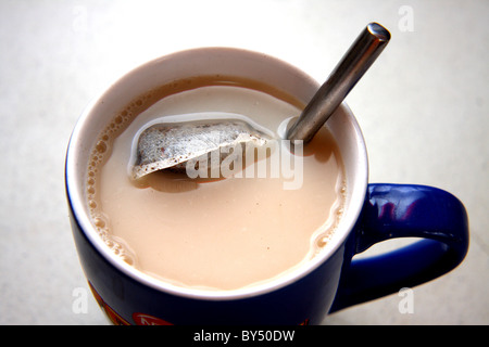 Eine Runde Teebeutel in eine blaue Tasse mit einem Teelöffel, eine Tasse Tee zu machen Stockfoto