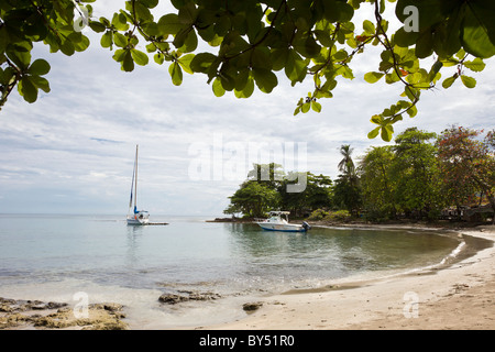 Segelboot und Motorboot vertäut am palmengesäumten Strand in Puerto Viejo de Talamanca, Provinz Limon, Costa Rica. Stockfoto