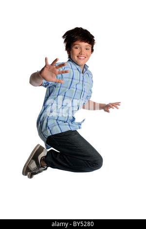 Junge, springen über weißen Hintergrund isoliert Stockfoto