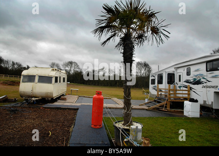 Reisenden Wohnwagen und eingemachte Palme an einem Reisenden Standort in Meriden UK. Stockfoto