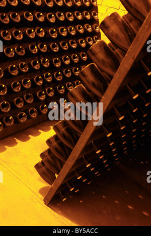 Detail der Flaschen Champagner in Racks in einem Weingut Stockfoto