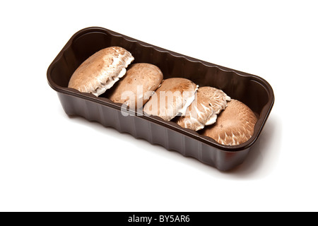 Box oder Paket von Portobello Pilze isoliert auf einem weißen Studio-Hintergrund. Stockfoto