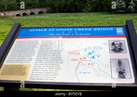 Darstellung von Informationen über die Geschichte des amerikanischen Bürgerkrieges von Goose Creek Bridge, 1801-1803, in der Nähe von Upperville Zeichen; Virginia. Stockfoto