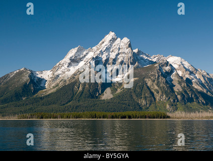 Neuschnee auf Mt. Moran und Jackson See an einem klaren Morgen Stockfoto