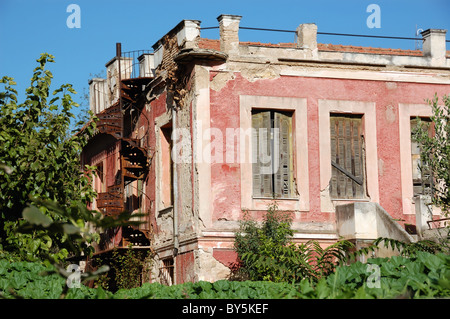 Verwilderten Pflanzen im Garten von einem verlassenen neoklassizistische Haus. Stockfoto