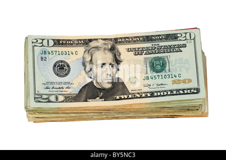 ein Stapel von USA zwanzig-Dollar-Scheine isoliert auf weißem Hintergrund Stockfoto