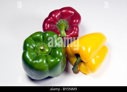 3 Paprika, Rot, Grün, Gelb auf weißem Hintergrund Stockfoto