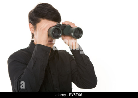 Bild der Geschäftsmann im schwarzen Hemd mit Fernglas Stockfoto