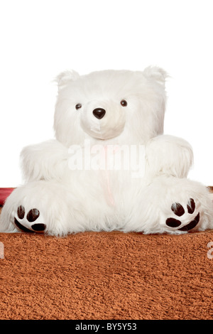 Großer weißer Teddybär sitzend auf einer braunen Decke Stockfoto