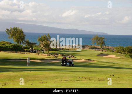 Golfbuggy auf Golfplatz, Maui, Hawaii Stockfoto