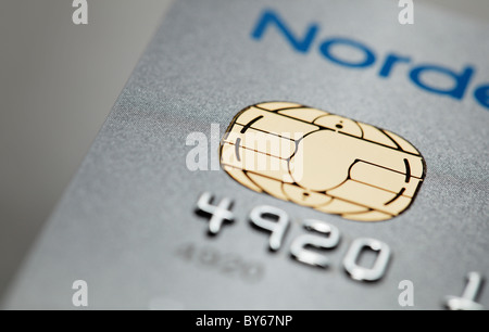 Detail einer icc-Chip Card Kreditkarte von Nordea Bank ausgestellt. Stockfoto